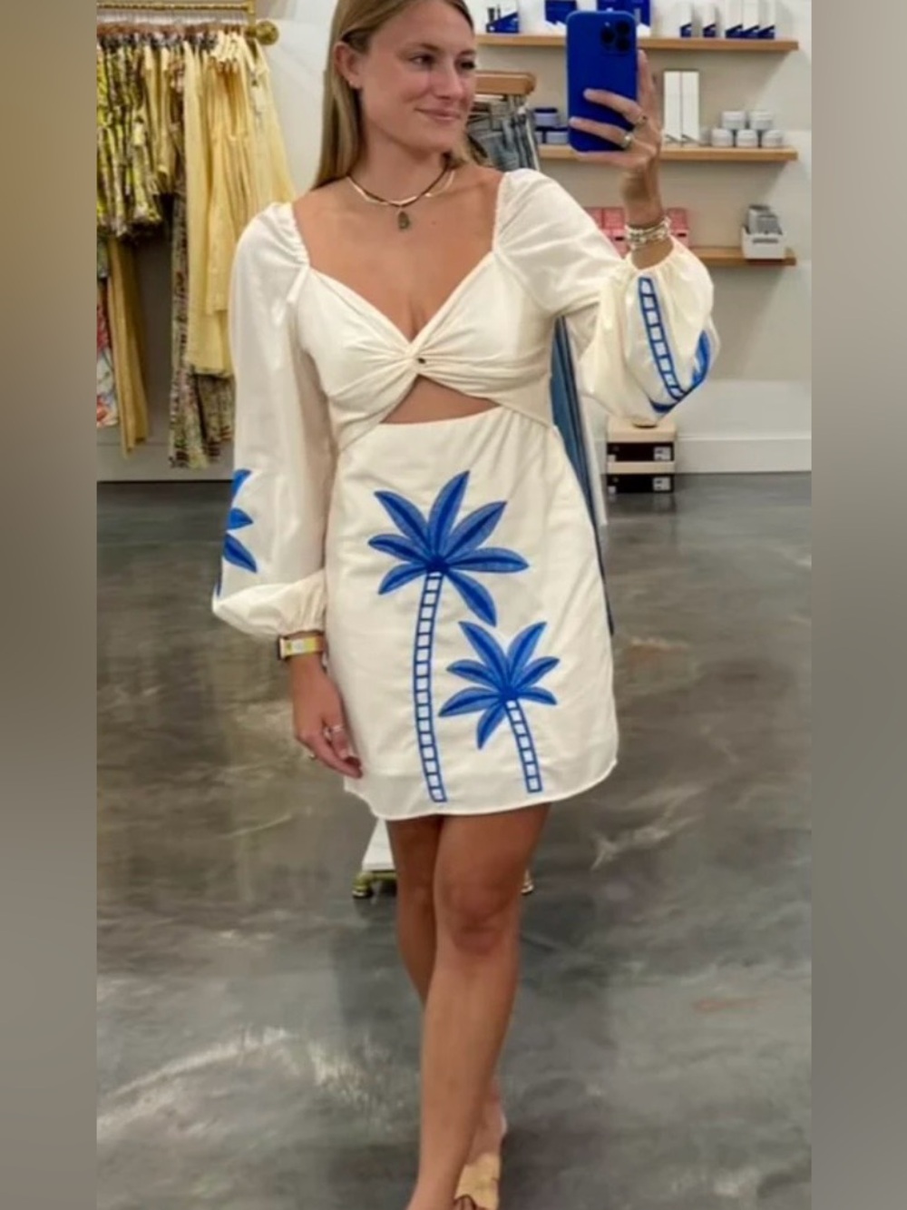 White Mini Dress with Blue Palm Embroidery size medium NWT boutique